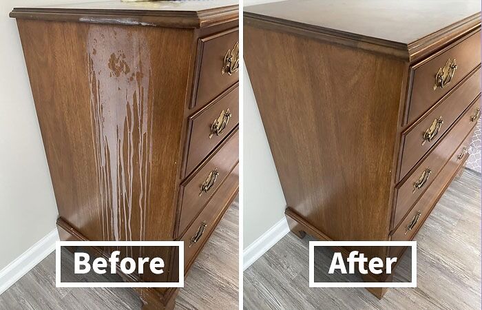 "Wood dresser cleaning trick; before and after results showcasing restored furniture."