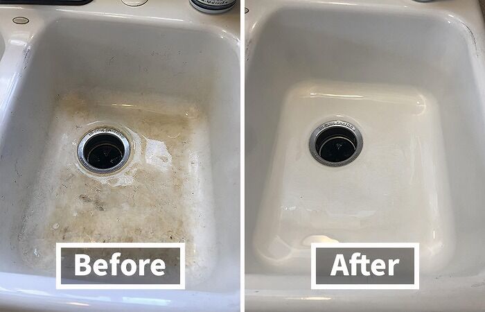 Before and after cleaning sink, showing effective cleaning tricks for security deposit return.