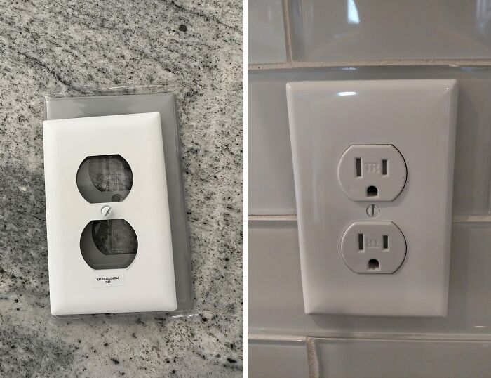 Outlet cover cleaning trick for getting security deposit back; before-and-after images show transformation.
