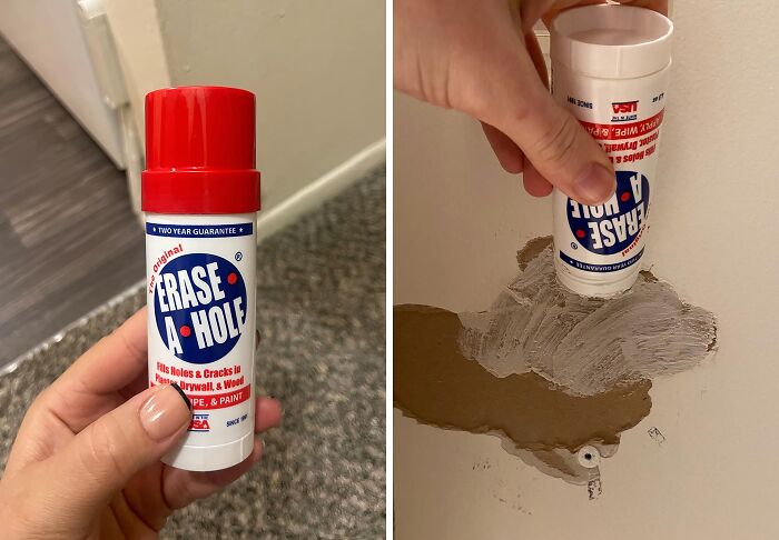 Applying wall filler from a tube to fix damage, a cleaning trick to help ensure your security deposit is returned.