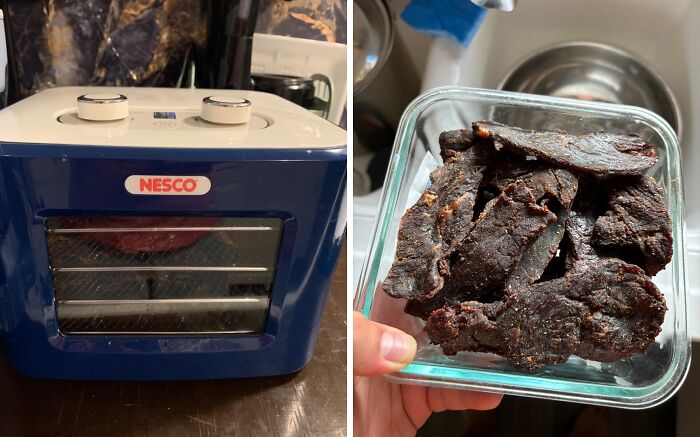 Compact food dehydrator and homemade jerky, showcasing frugal money saving tips in a kitchen setting.