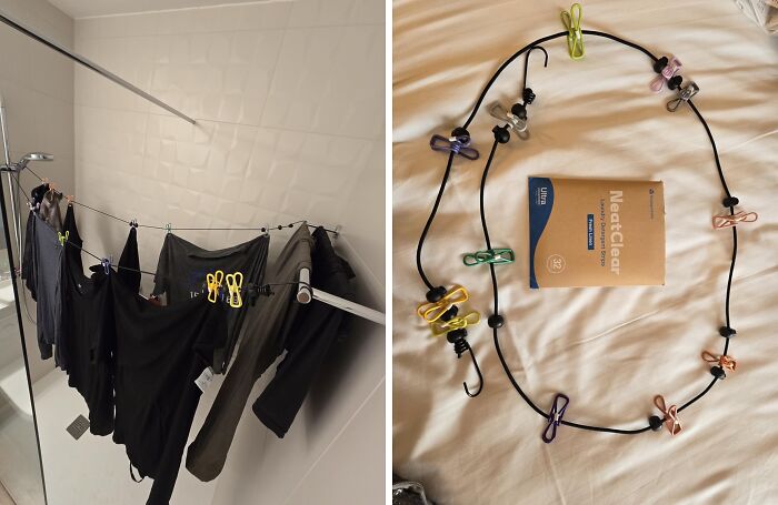 Clothes hanging on a portable clothesline with pegs, showcasing money-saving tips from the frugal bible.