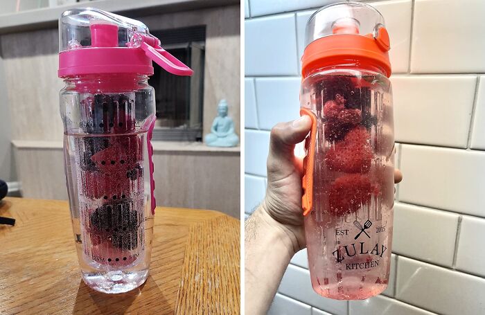 Infused water bottles with blackberries and raspberries, highlighting frugal tips for healthy hydration.