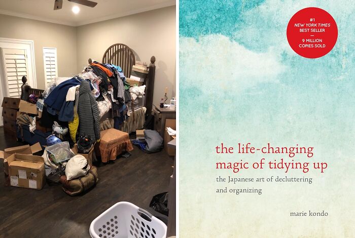 Room filled with clutter needing spring cleaning, next to Marie Kondo's book on tidying up essentials.