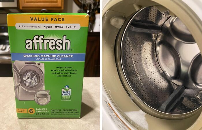 Washing machine cleaner shown next to a washer drum for cleaning tip to help in getting your security deposit back.
