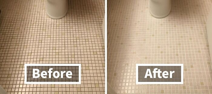 Before and after bathroom floor cleaning comparison, showcasing cheapskate cleaning methods.