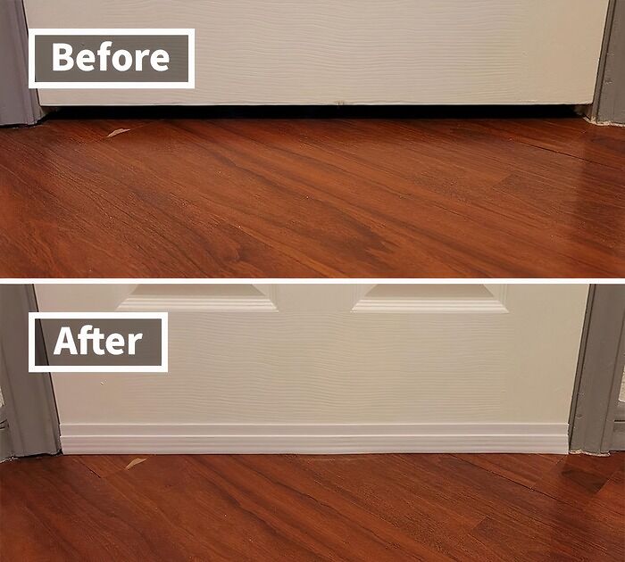 Before and after of a DIY home project showing improved door bottom with new trim installation.