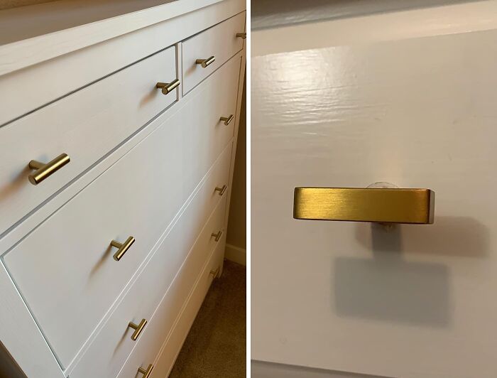 White dresser with gold handles, showcasing a simple DIY home project idea.