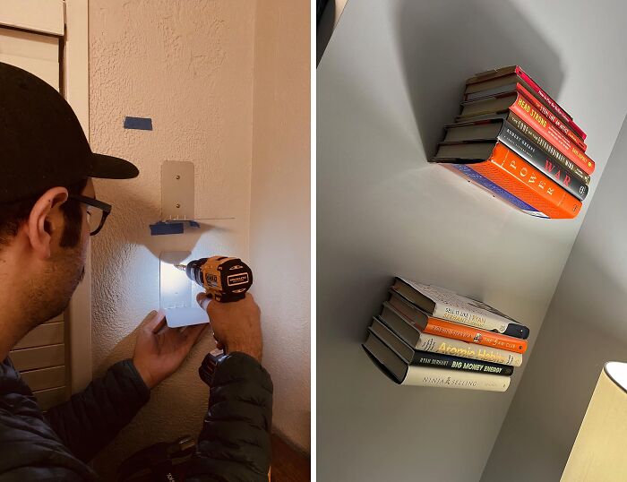 Person using a drill for a DIY home project, creating floating bookshelves.