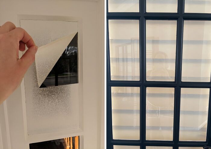 DIY home project applying frosted window film for privacy.