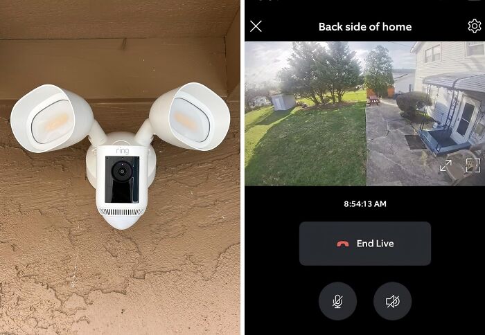 Security camera setup showing live backyard feed; a love at first sight must-have for home safety.