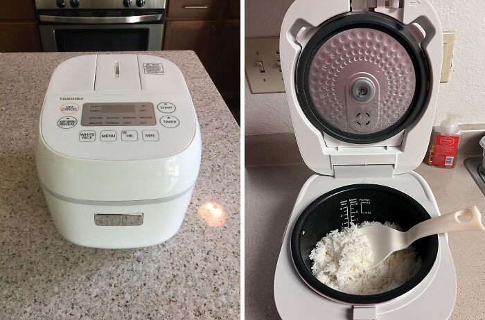 Rice cooker on kitchen counter, loved for sleek design and perfect rice cooking in reviews.