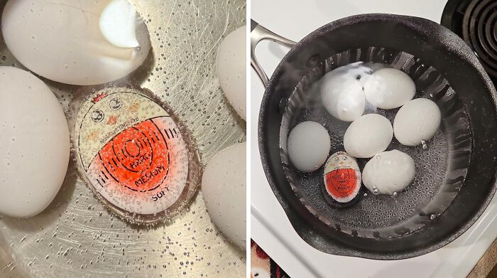 Egg timer showing different doneness levels in a pot of boiling eggs, enhancing a problem-free kitchen experience.