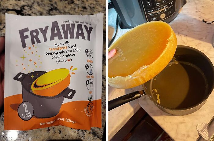 Packet of FryAway and solidified cooking oil demonstrate a game-changer for a problem-free kitchen.