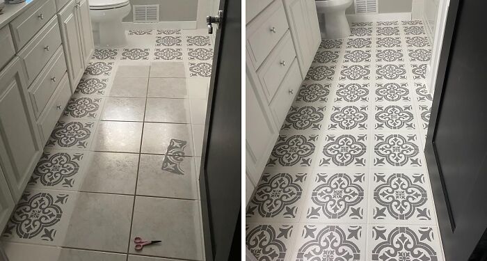 Bathroom DIY project showcasing a tile stencil makeover.
