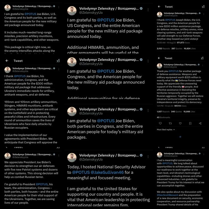 Volodymyr Zelenskyy tweets gratitude for US military aid packages announced by President Joe Biden and Congress.