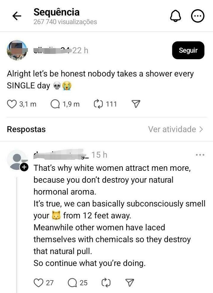 Social media post discussing shower habits and attraction with controversial opinions about girls.