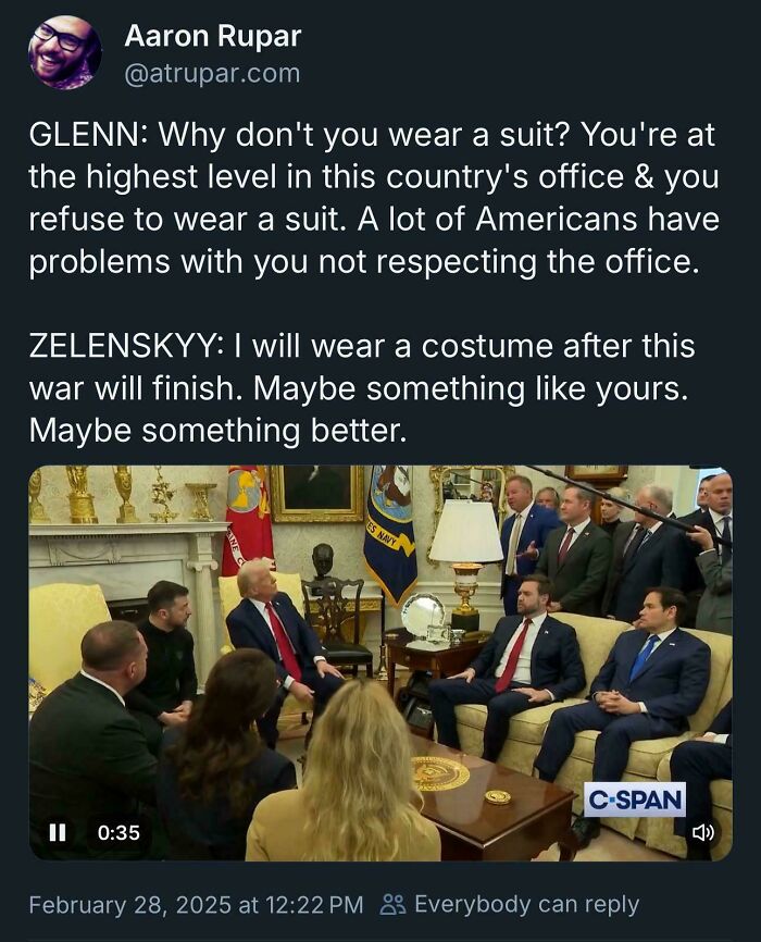 Tweet showing a courageous conversation about office attire and respect during a high-level political meeting.