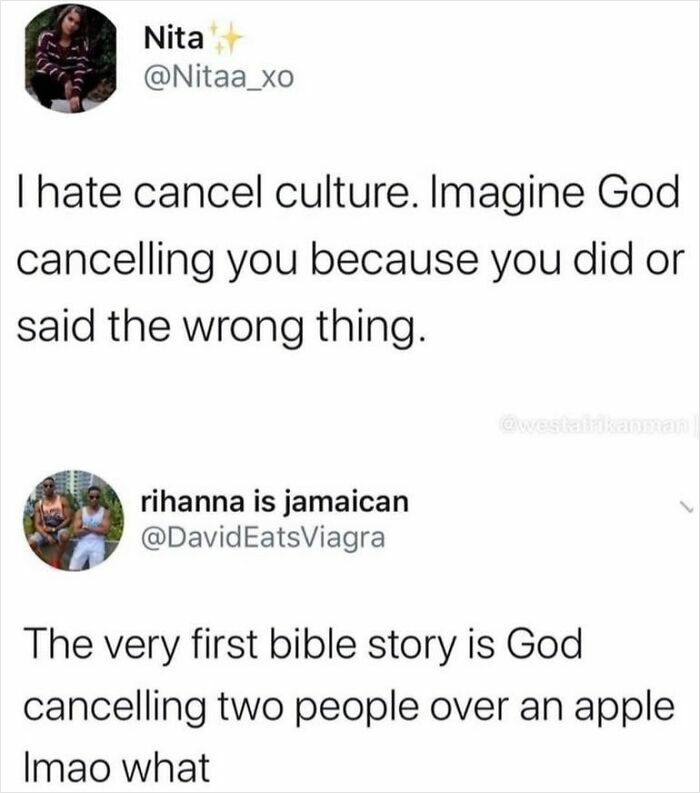 Tweet exchange with a clever comeback on cancel culture and a biblical reference.