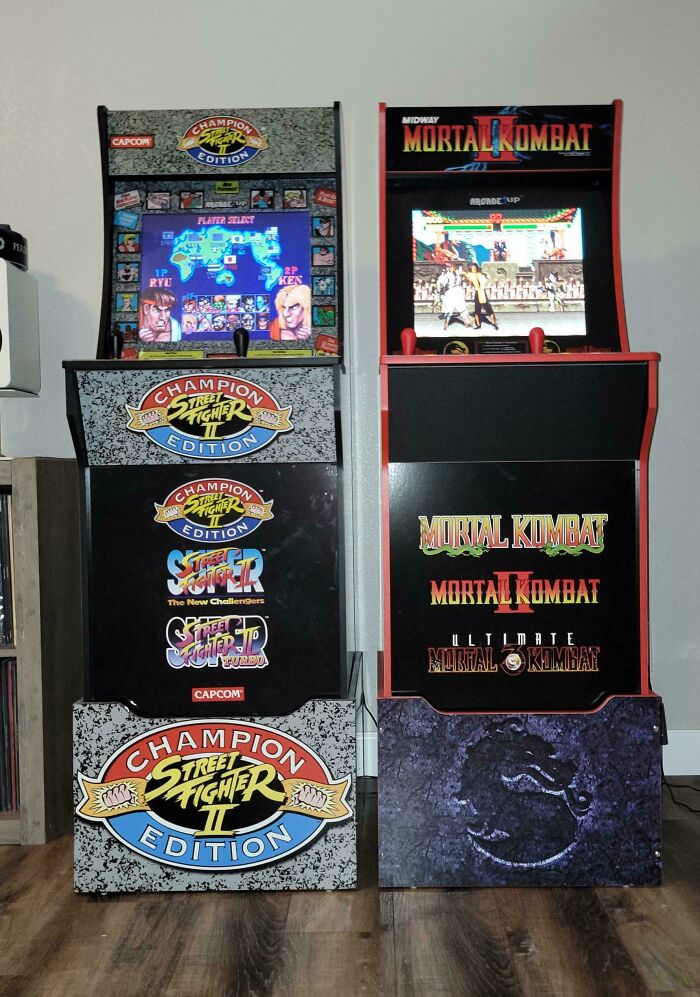 Two classic 90s arcade machines featuring nostalgic Street Fighter II and Mortal Kombat games side by side indoors.