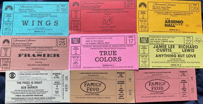 Vintage 90s TV and movie ticket stubs showcasing nostalgic shows and films from the simpler, stranger days of the 90s.