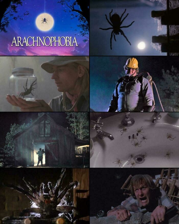 Scenes from the 90s movie Arachnophobia featuring spiders and memorable nostalgic moments from the decade.