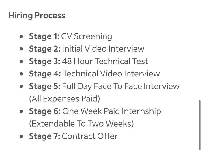 Hiring process stages from CV screening to contract offer highlighting outrageous job requirements that made people nope out quick.