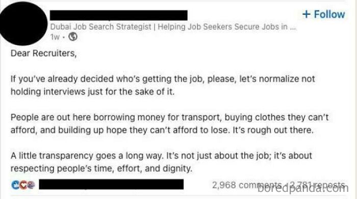 Screenshot of a social media post discussing outrageous job requirements and the need for transparency in job interviews.