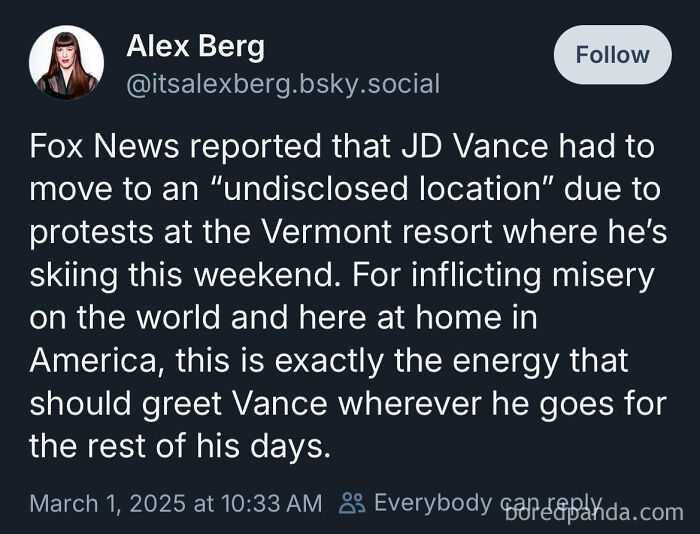 Alex Berg tweets about JD Vance moving due to protests at Vermont resort.