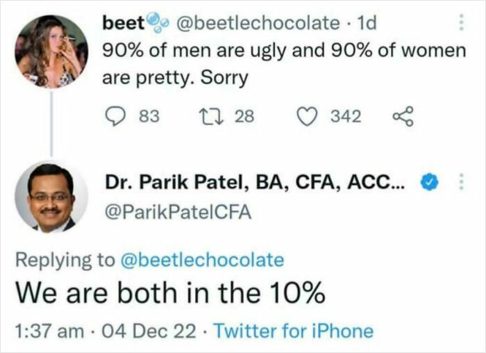Screenshot of a tweet exchange featuring a clever comeback about appearance statistics.