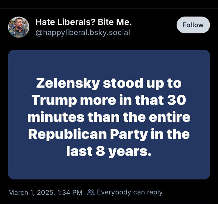 Tweet showing courage with bold political statement about Zelensky standing up to Trump more than the Republican Party in 8 years.