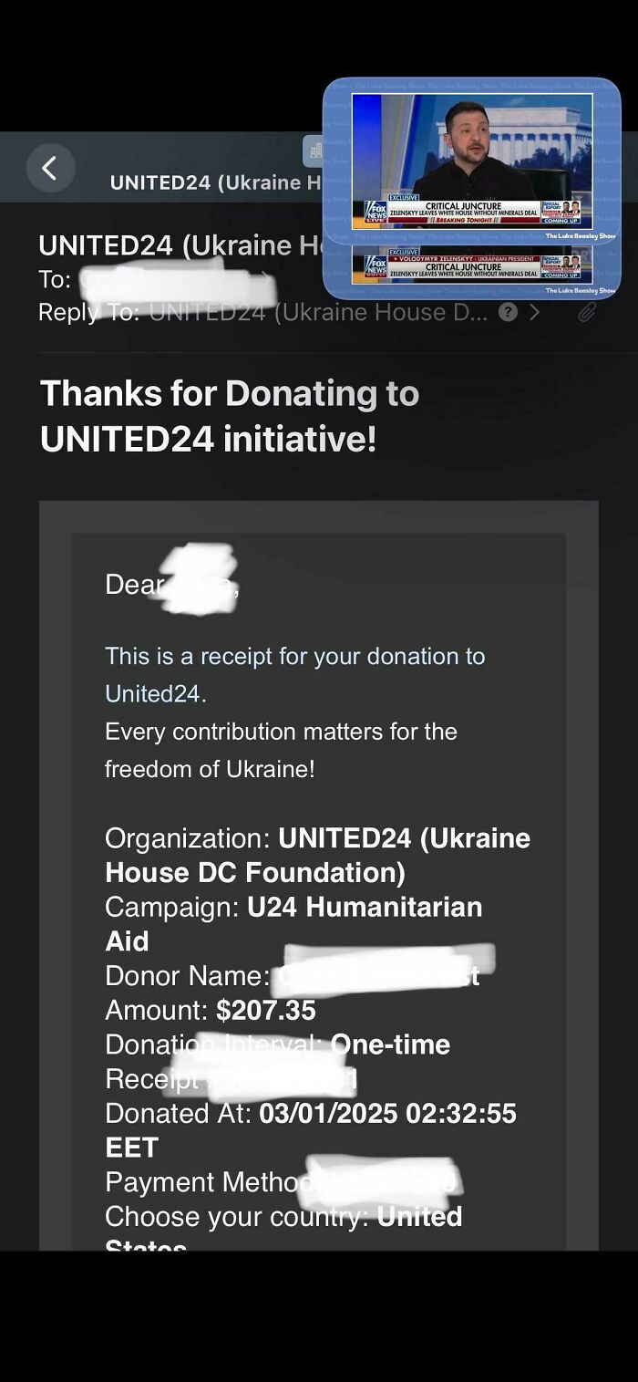 Email receipt for United24 donation with a TV screen showing a news interview, highlighting consumerism impact.