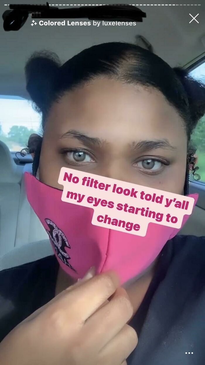 Entitled influencer showcasing colored lenses, holding pink mask, with a text overlay about eye color change.