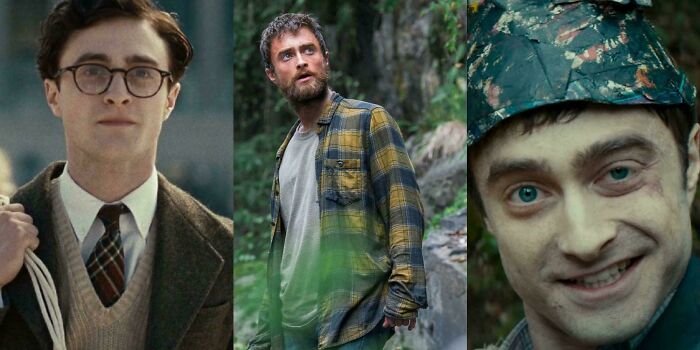 Three scenes showing Daniel Radcliffe in different movie roles, highlighting questionable movie details for cinephiles.