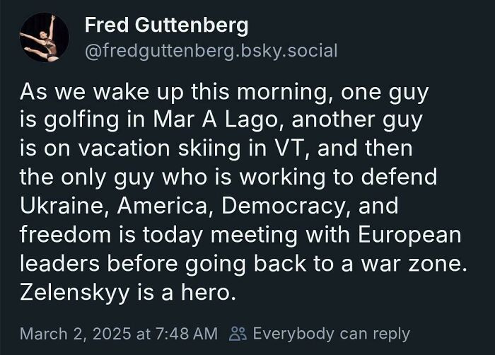 Tweet showing courage as Fred Guttenberg praises Zelenskyy defending democracy and freedom amid global distractions.