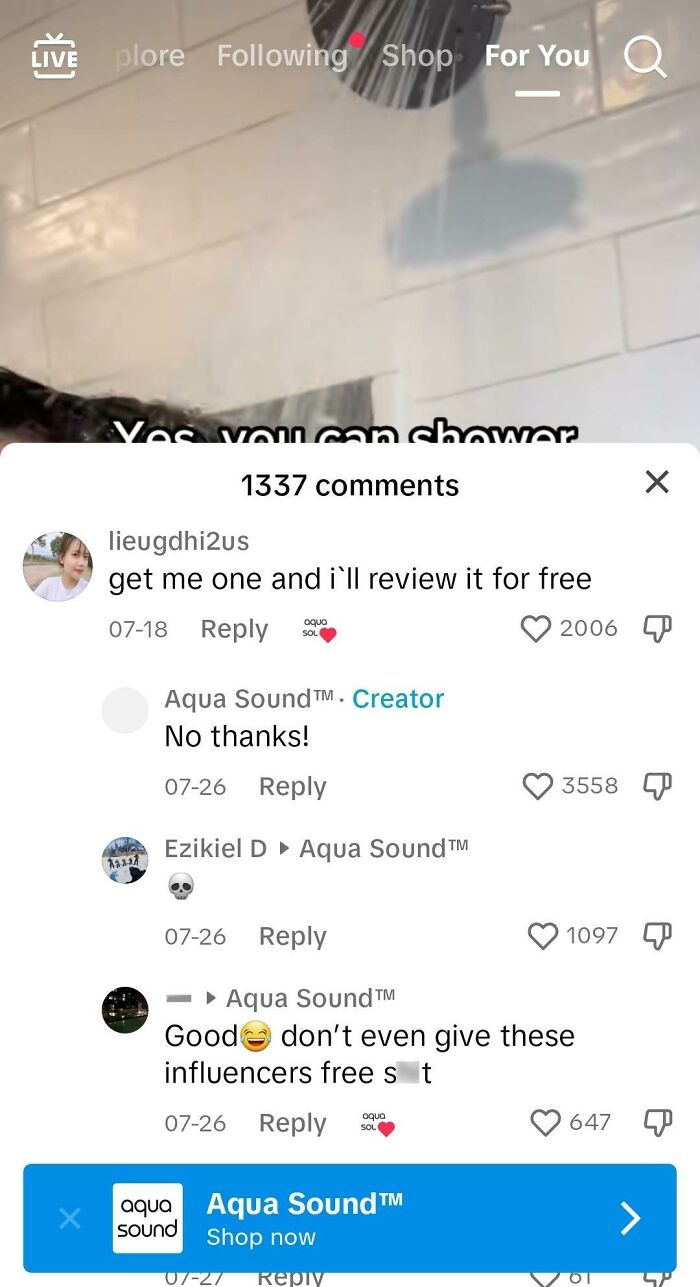Comments reacting to entitled influencers asking for free products, with responses from Aqua Sound.