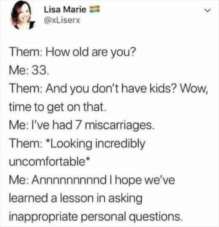 Funny meme about awkward questions and personal boundaries, highlighting where laughter lives in social interactions.