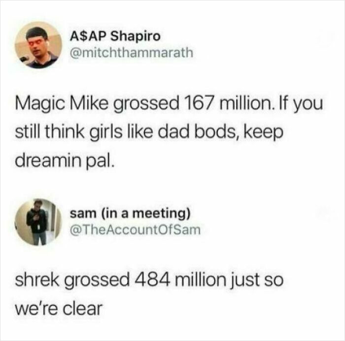 Funny meme comparing box office earnings of "Magic Mike" and "Shrek" humorously.