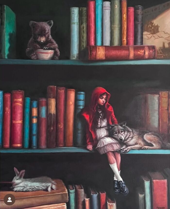 Anthropomorphic artwork by Richard Ahnert features animals and a girl in a library setting.