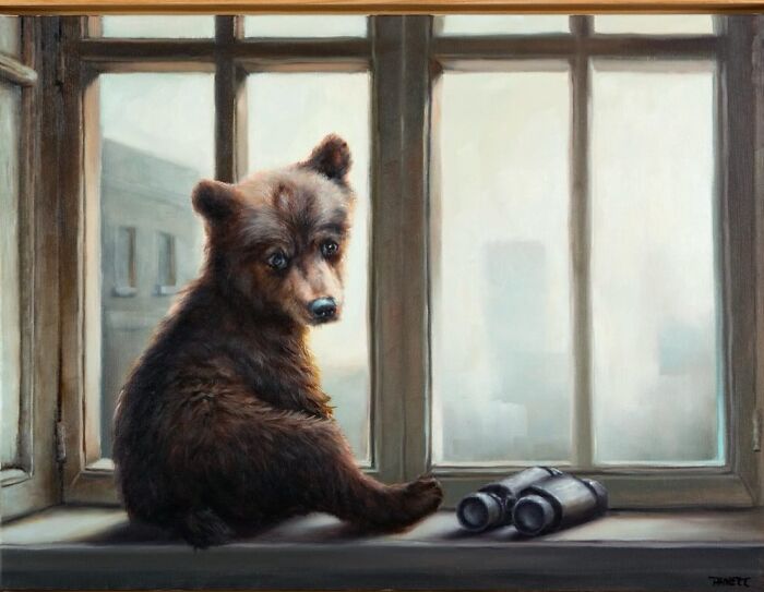 A bear sitting by a window with binoculars, displaying anthropomorphic behavior.