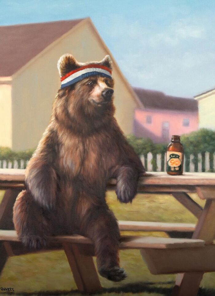 Bear in a headband relaxing at a picnic table, exemplifying anthropomorphic artwork by Richard Ahnert.