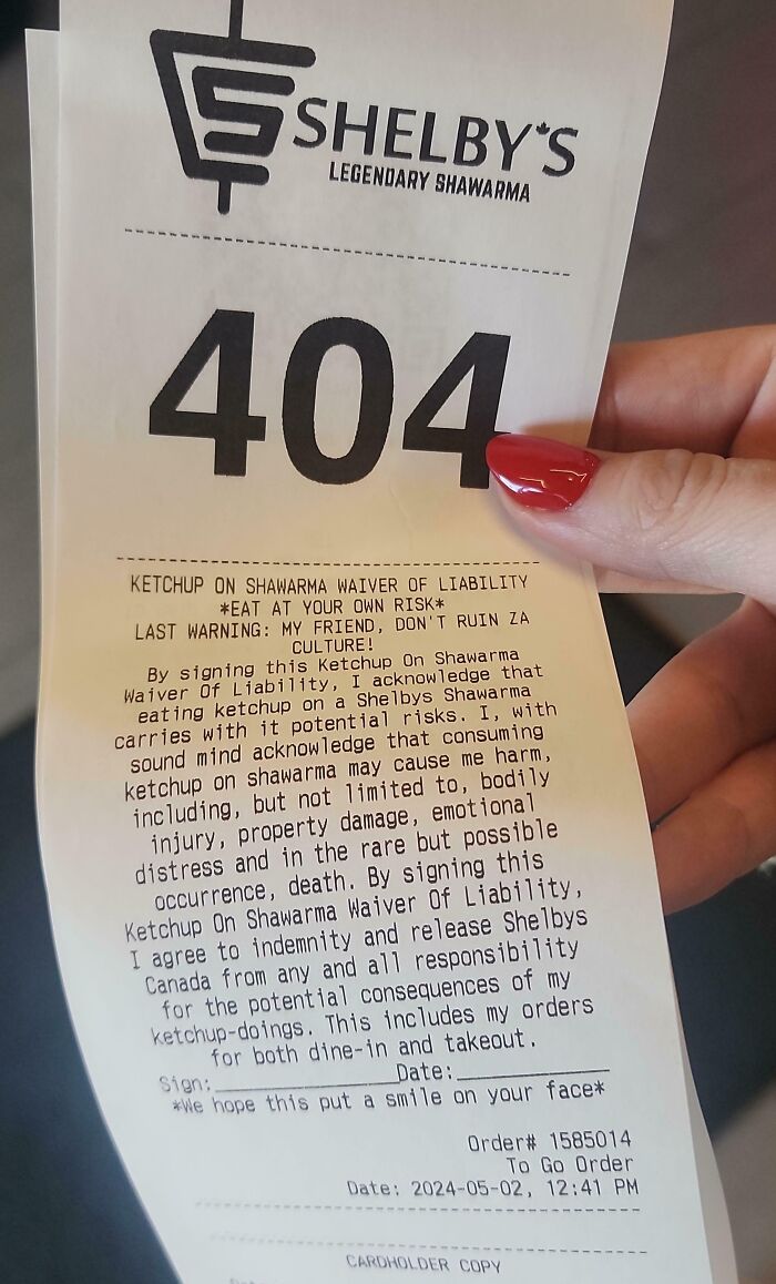 Receipt with "Ketchup on Shawarma Waiver of Liability" text, humorously warning about risks. Interesting receipts found.