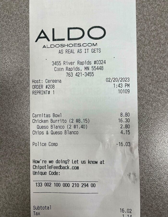 Receipt from Aldo Shoes with various meal items and a "Police Comp" deduction.