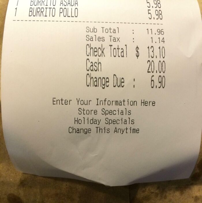 Receipt showing burrito purchases with humorous placeholder text, fitting the theme of interesting receipts people found.