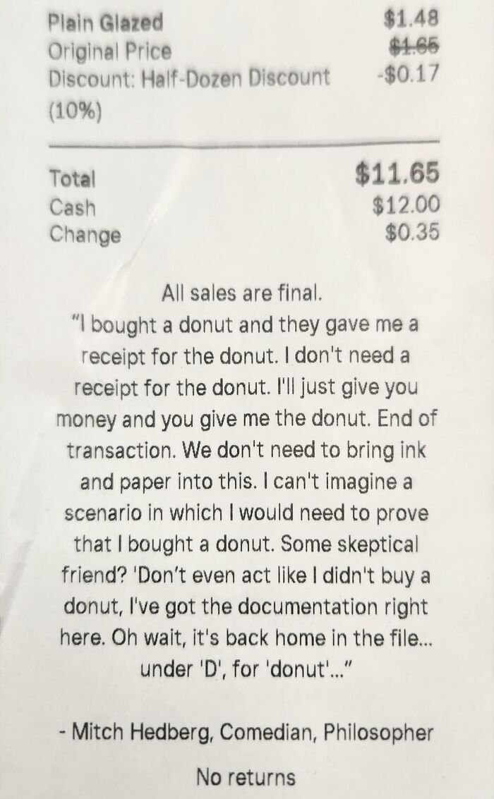 Receipt with a comedic quote about buying a donut, reflecting a philosophical take on transactions.