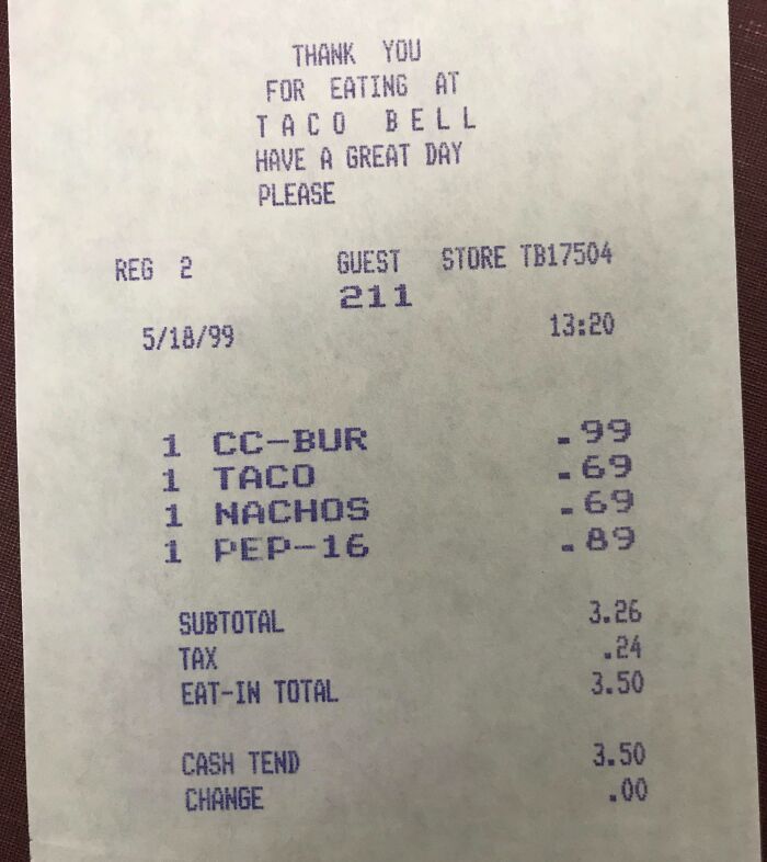 Taco Bell receipt from 1999 with food items and prices, showcasing interesting receipts people found.