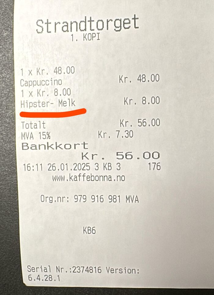 Receipt with items listed including "Hipster-Melk," showcasing interesting receipts people found.