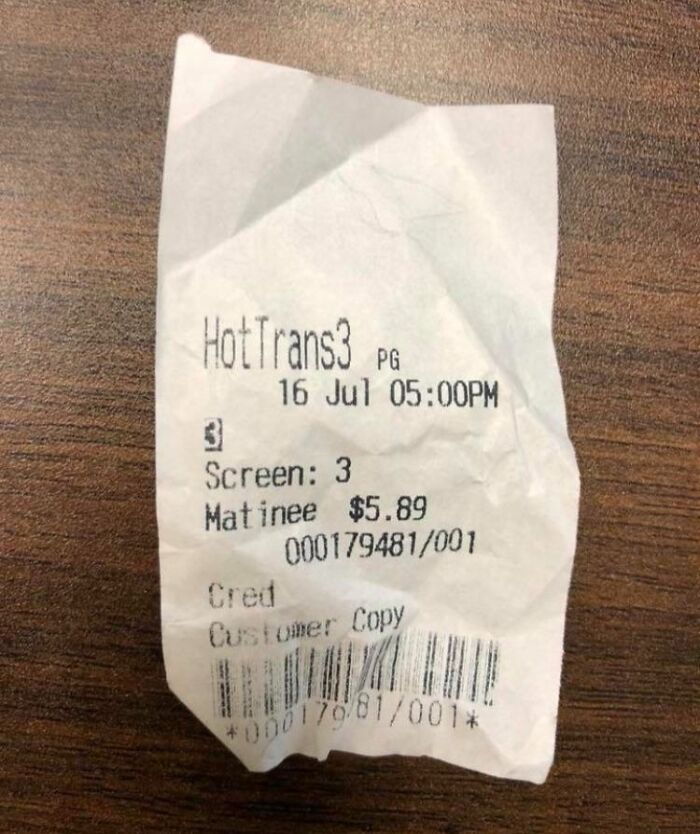 Interesting receipts showing a matinee ticket for $5.89 at Screen 3 on 16th July, 5:00 PM.