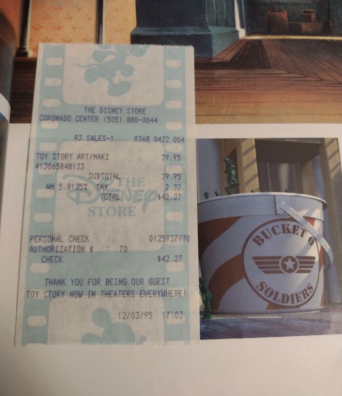 Interesting receipt from Disney Store showing a purchase related to Toy Story, dated 12/03/95.