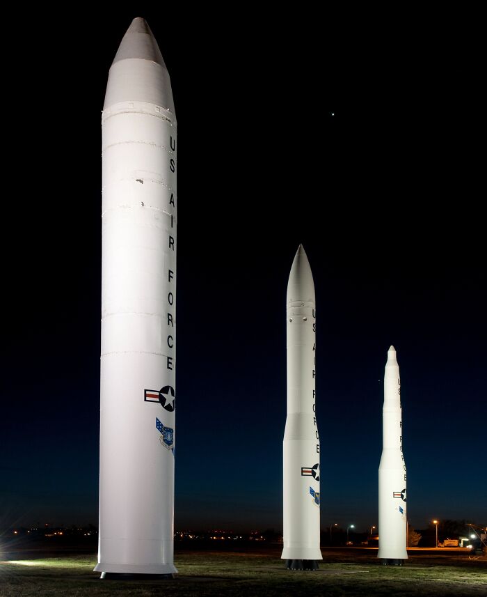 "U.S. Air Force missile display at night highlighting cool articles on military technology."